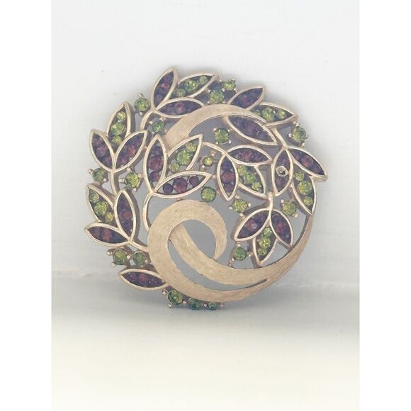 Crown Trifari Gold Tone Floral Brooch – Lime & Topaz Rhinestones 1 7/8" - Picture 3 of 5